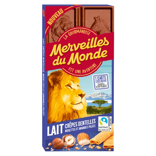 Tablette de chocolat Lait Noisettes, Amandes Pilées et Crêpes Dentelles MERVEILLES DU MONDE