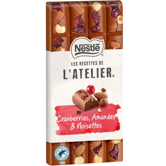 Tablette de Chocolat Lait Cranberries Amandes Noisettes NESTLE LES RECETTES DE L'ATELIER