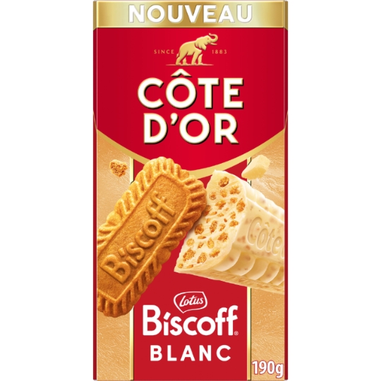 Tablette de Chocolat Blanc Eclats de Biscuit Croustillant Biscoff COTE D'OR