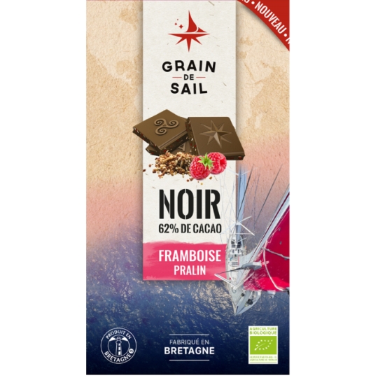 Tablette de Chocolat Noir 62% framboise pralin bio GRAIN DE SAIL