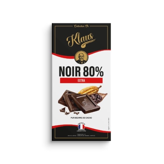 Tablette de Chocolat Noir Collection Or 80% Extra Pur Beurre de Cacao KLAUS