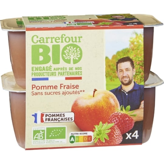 Compote Pomme Fraise Sans Sucres Ajoutés Bio Engagé auprès des producteurs partenaires CARREFOUR BIO