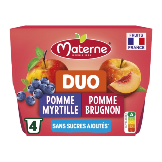 Compote Duo Pomme Myrtille, Pomme Brugnon Sans Sucres Ajoutés MATERNE