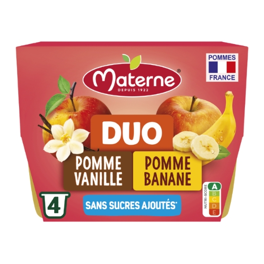 Compote Duo Pomme Banane, Pomme Vanille Sans Sucres Ajoutés MATERNE