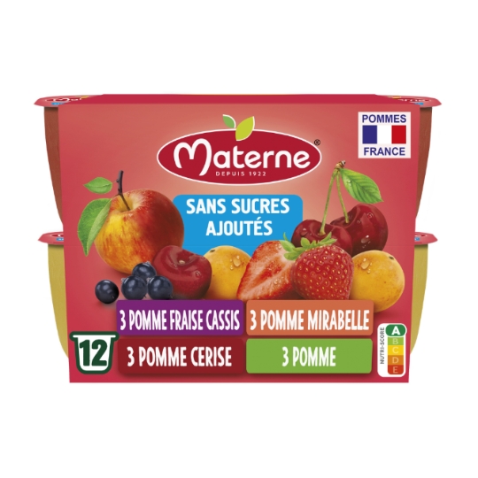 Compote pomme, cerise, fraise cassis, mirabelle sans sucres ajoutés MATERNE