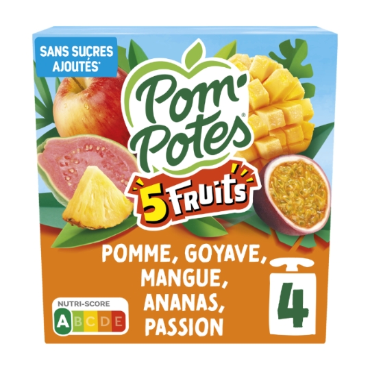 Compote 5 fruits pomme goyave mangue ananas passion sans sucres ajoutés POM'POTES