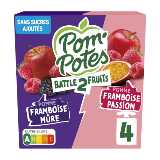 Compote Battle2Fruits pomme framboise mûre, passion sans sucres ajoutés POM'POTES