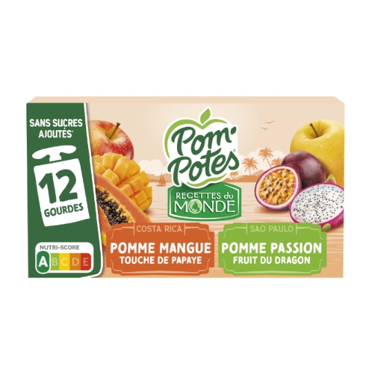 Compote Recettes Tropiques pomme mangue papaye, passion fruit du dragon sans sucres ajoutés POM'POTES