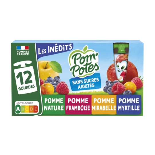 Compote Les Inédits pomme, framboise, mirabelle, myrtille sans sucres ajoutés POM'POTES