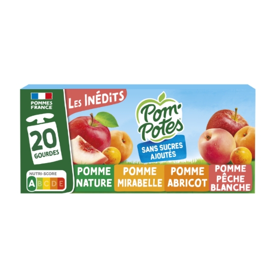 Compote Les Inédits pomme, mirabelle, pêche blanche, abricot sans sucres ajoutés POM'POTES