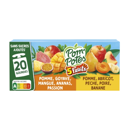 Compote 5 fruits pomme goyave mangue ananas passion et abricot pêche poire banane sans sucres ajoutés POM'POTES