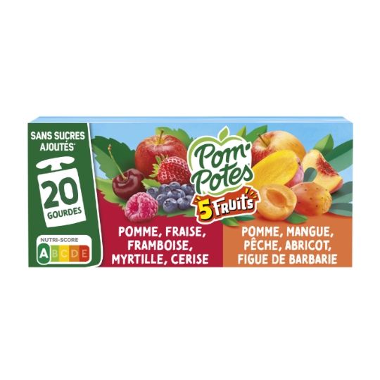 Compote 5 fruits pomme fraise framboise myrtille cerise et mangue pêche abricot figue de barbarie sans sucres ajoutés POM'POTES