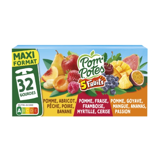 Compote 5 fruits pomme abricot pêche poire banane, fraise framboise myrtille cerise et goyave mangue ananas passion sans sucres ajoutés POM'POTES