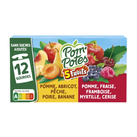 Compote 5 fruits pomme abricot pêche poire banane et fraise framboise myrtille cerise sans sucres ajoutés POM'POTES