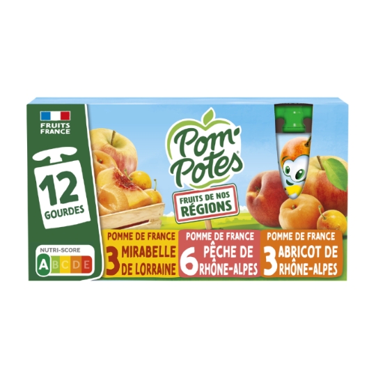 Compote Fruits de nos régions pomme pêche, mirabelle, abricot sans sucres ajoutés POM'POTES