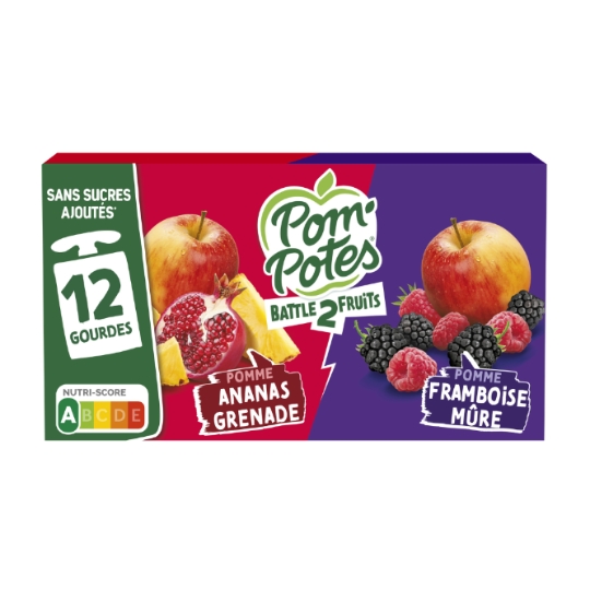 Compote Battle2Fruits pomme ananas grenade, framboise mûre sans sucres ajoutés POM'POTES