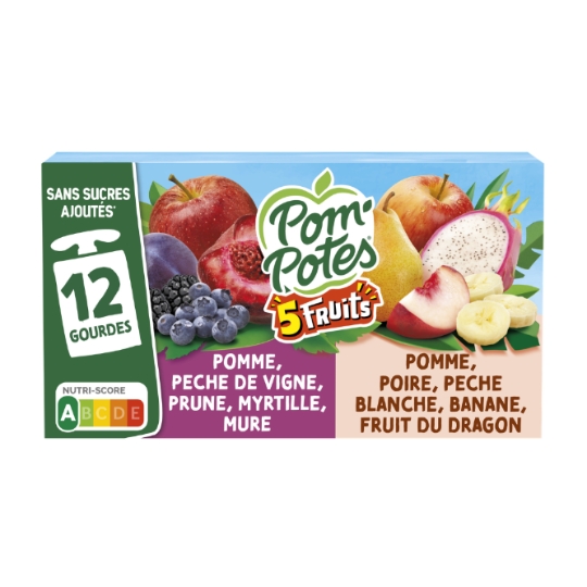 Compote 5 fruits pomme pêche de vigne prune myrtille mûre et poire pêche blanche banane fruit du dragon sans sucres ajoutés POM'POTES