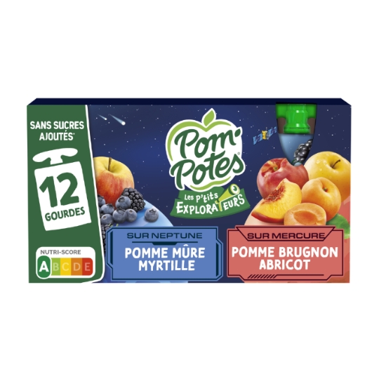 Compote Les P'tits Explorateurs sur Neptune et Mercure pomme mûre myrtille, brugnon abricot sans sucres ajoutés POM'POTES