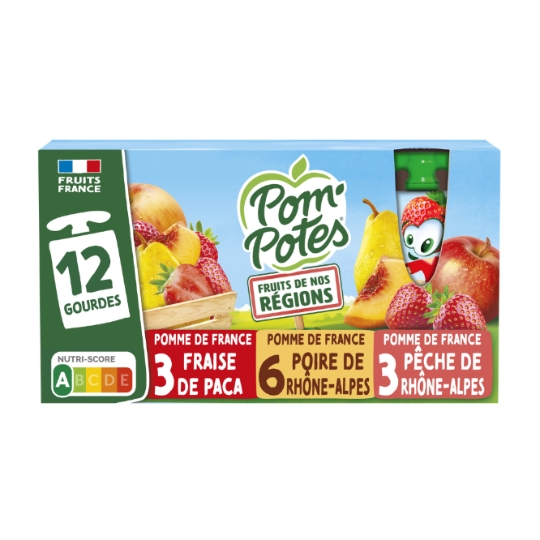 Compote Fruits de nos régions pomme pêche, poire, fraise sans sucres ajoutés POM'POTES
