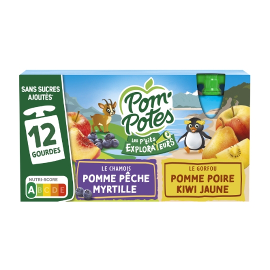 Compote P'tits Explorateurs Chamois & Gorfou Pomme Pêche Myrtille Pomme Poire Kiwi jaune POM'POTES