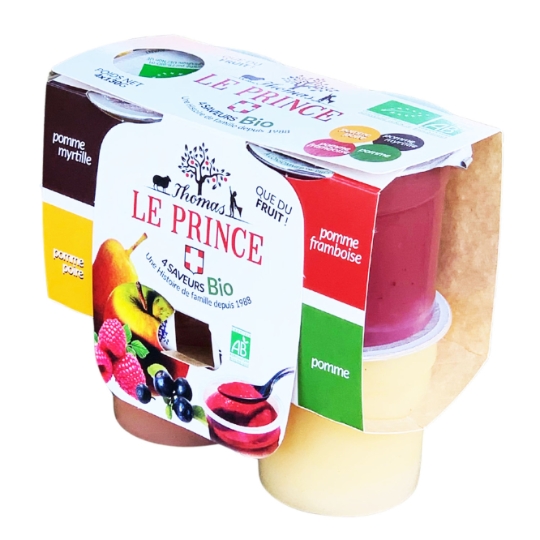 Purée de Fruits Bio 4 Parfums : Pomme, Pomme Myrtille, Pomme Framboise et Pomme Poire THOMAS LE PRINCE