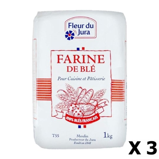 Lot 3x Farine T55  Blé Tendre 100% Français - Fleur Du Jura -  Paquet 1kg FLEUR DU JURA