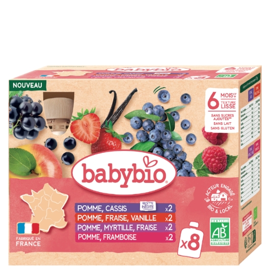 Compotes Gourde Bébé dès 6 mois Pomme Cassis Fraise Vanille Myrtille Framboise BABYBIO