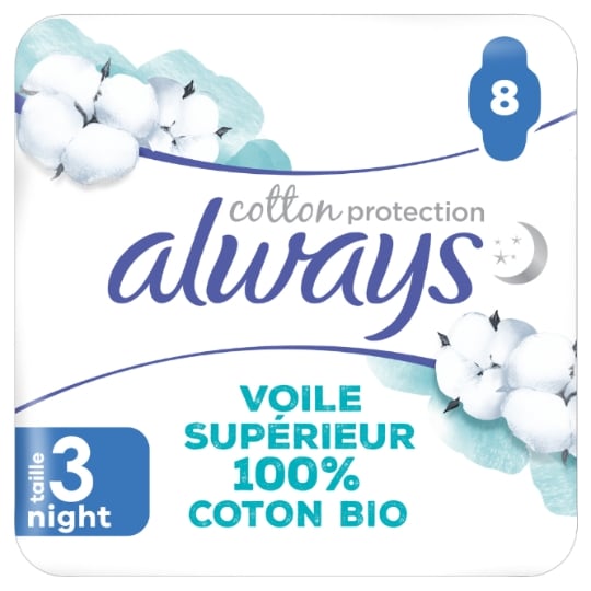 Serviettes Hygiéniques avec Ailettes Nuit Coton Bio Taille 3 ALWAYS