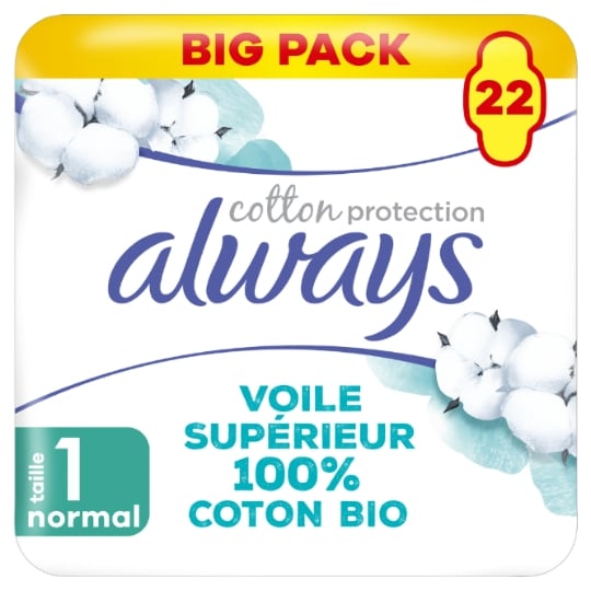 Serviettes Hygiéniques avec Ailettes Normal Taille 1 100% Coton Bio ALWAYS