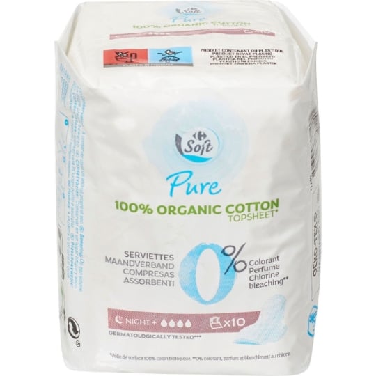 Serviettes Hygiéniques avec Ailettes Night Plus Coton Bio Ultra-minces Pure CARREFOUR SOFT