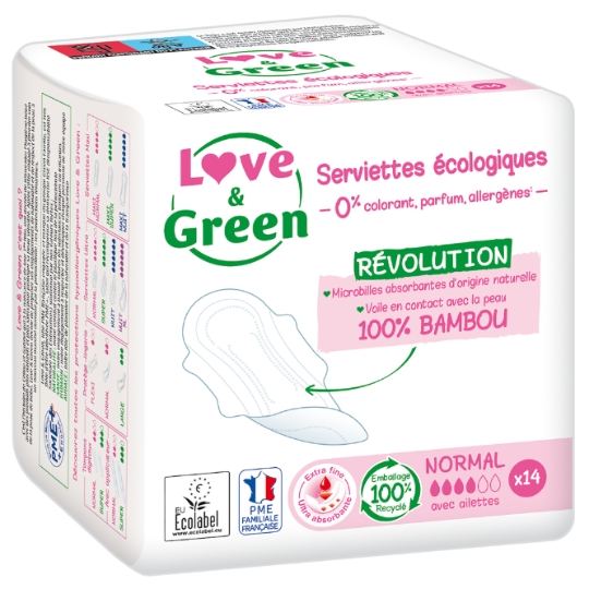 Serviettes Hygiéniques avec Ailettes Normal Hypoallergéniques et Ecologiques LOVE & GREEN
