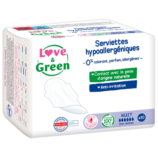 Serviettes Hygiéniques avec Ailettes Nuit Hypoallergénique Anti-Irritation LOVE & GREEN