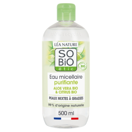 Eau micellaire Purifiante Visage et Yeux Tous Types de Peaux Aloe Vera Citrus Bio 0% Colorant et Tensioactif SO'BIO ETIC