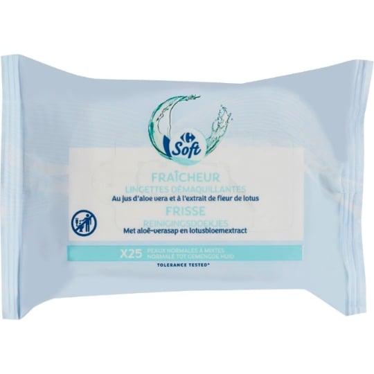 Lingettes Démaquillantes Fraîcheur Jus d'Aloe Vera et Extrait de Fleur de Lotus CARREFOUR SOFT