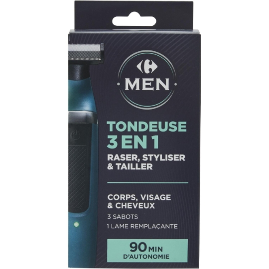 Tondeuse 3 en 1 pour corps, visage et cheveux avec 3 sabots et lame remplaçante - 90 min d'autonomie CARREFOUR