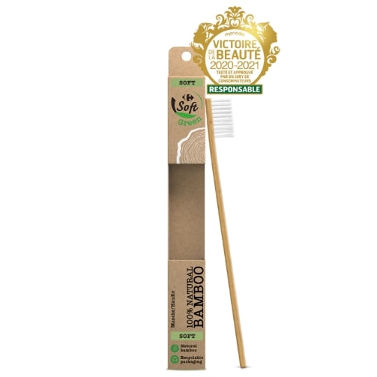 Brosse à dents souple en bambou avec filaments d'origine végétale. CARREFOUR SOFT