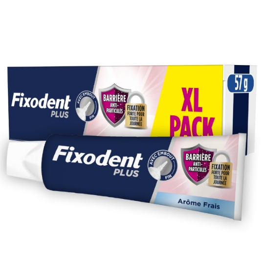 Crème fixative Pour Prothèses Totales et Partielles Avec Embout Fin Barrière Anti-Particules Fixation Forte Toute la Journée XL Pack FIXODENT