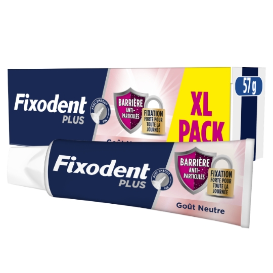 Crème adhésive pour prothèses totales et partielles Barrière Anti-Particules Fixation Forte pour toute la journée avec embout fin Goût Neutre FIXODENT