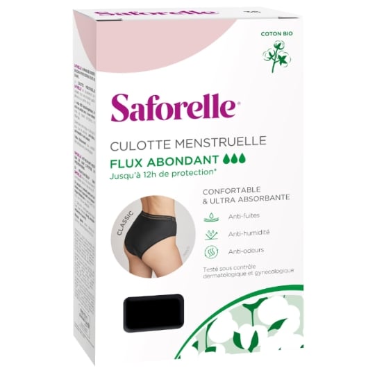 Culotte menstruelle Noire Taille 44 Flux Abondant Coton Bio SAFORELLE