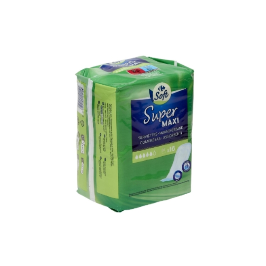 Serviettes Hygiéniques sans Ailettes Super Maxi CARREFOUR SOFT