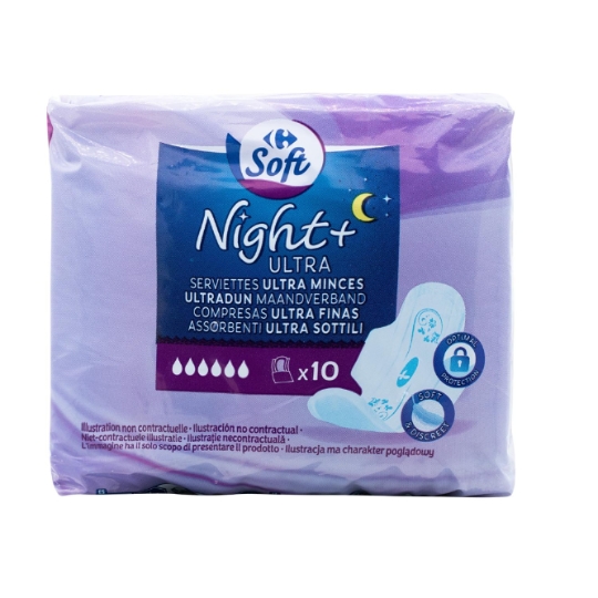 Serviettes Hygiéniques avec Ailettes Ultra Minces Night+ CARREFOUR SOFT