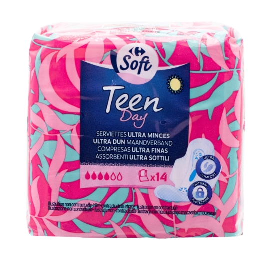 Serviettes Hygiéniques avec Ailettes Teen Cotton Sensation Ultra-minces Jour CARREFOUR SOFT