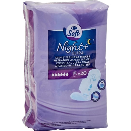 Serviettes Hygiéniques avec Ailettes Night Ultra Minces CARREFOUR SOFT