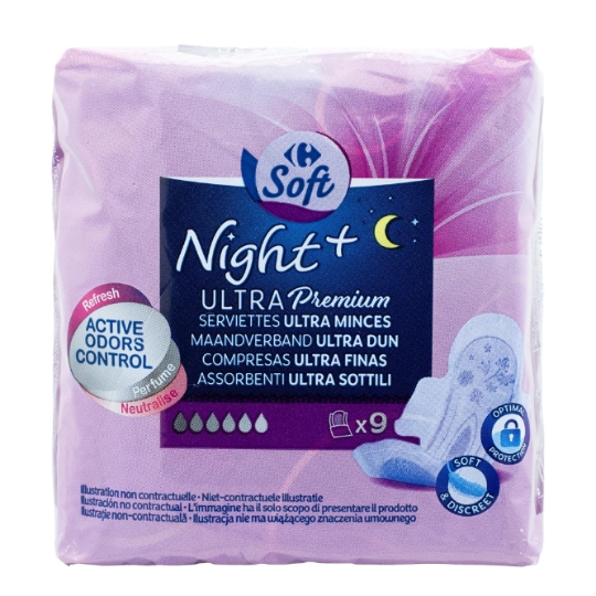 Serviettes Hygiéniques avec Ailettes Nuit + Ultra-minces-ultra premium active odors control CARREFOUR SOFT