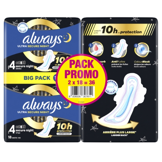 Serviettes Hygiéniques Ultra Night Avec Ailettes Secure Night Taille 4 ALWAYS