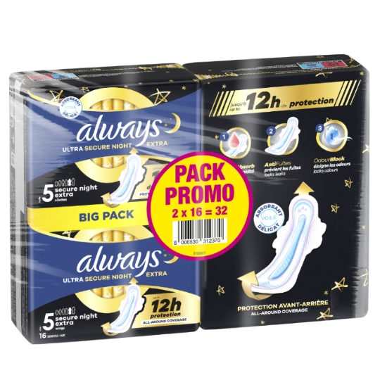 Serviettes Hygiéniques Ultra Night Avec Ailettes Secure Night Extra Taille 5 ALWAYS