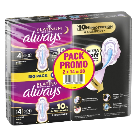 Serviettes Menstruelles Platinium Spécial Modéré Nuit Taille 4 ALWAYS