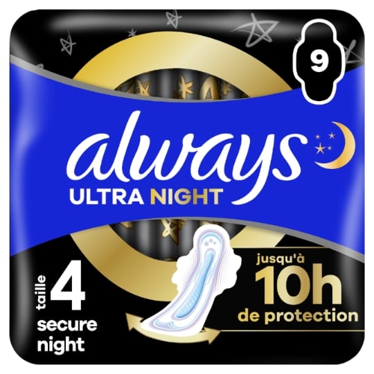 Serviettes Hygiéniques avec Ailettes Secure Night Taille 4 Ultra ALWAYS