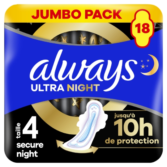 Serviettes Hygiéniques avec Ailettes Nuit Taille 4 Ultra Secure Night Extra ALWAYS