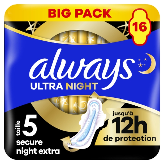 Serviettes Hygiéniques avec Ailettes Nuit Taille 5 Ultra Secure Night Extra ALWAYS